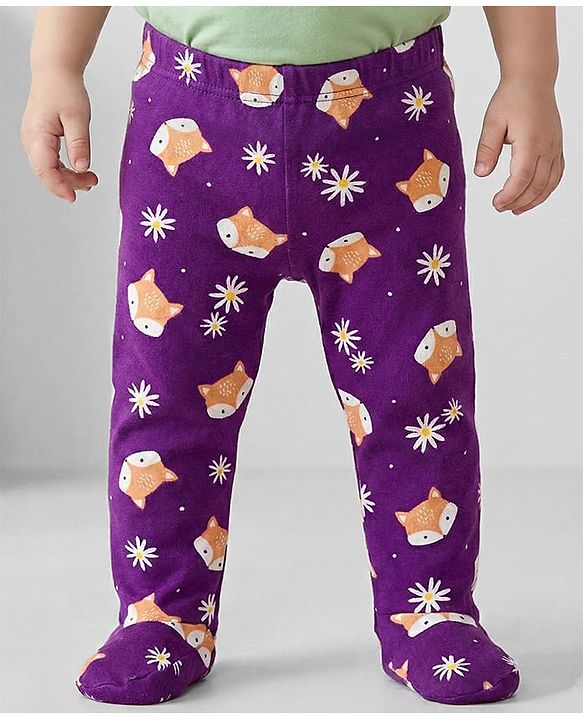 Babyhug Cotton Interlock Knit Bootie Leggings with Polka Dot Floral & Fox Print Pack of 3 - Purple Lilac & Pink