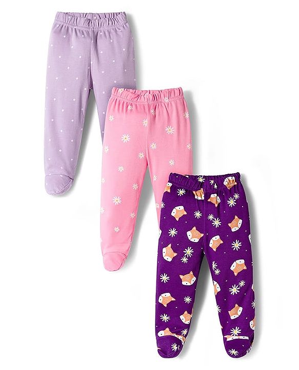 Babyhug Cotton Interlock Knit Bootie Leggings with Polka Dot Floral & Fox Print Pack of 3 - Purple Lilac & Pink