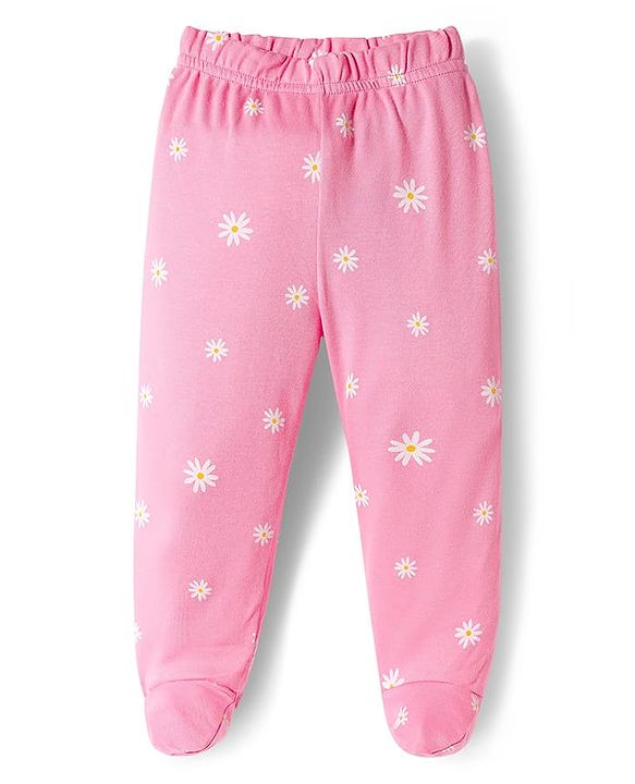 Babyhug Cotton Interlock Knit Bootie Leggings with Polka Dot Floral & Fox Print Pack of 3 - Purple Lilac & Pink