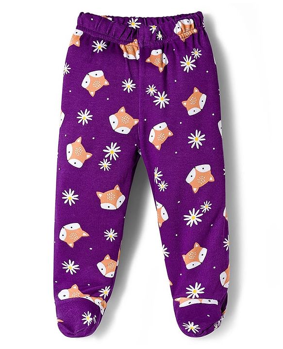 Babyhug Cotton Interlock Knit Bootie Leggings with Polka Dot Floral & Fox Print Pack of 3 - Purple Lilac & Pink