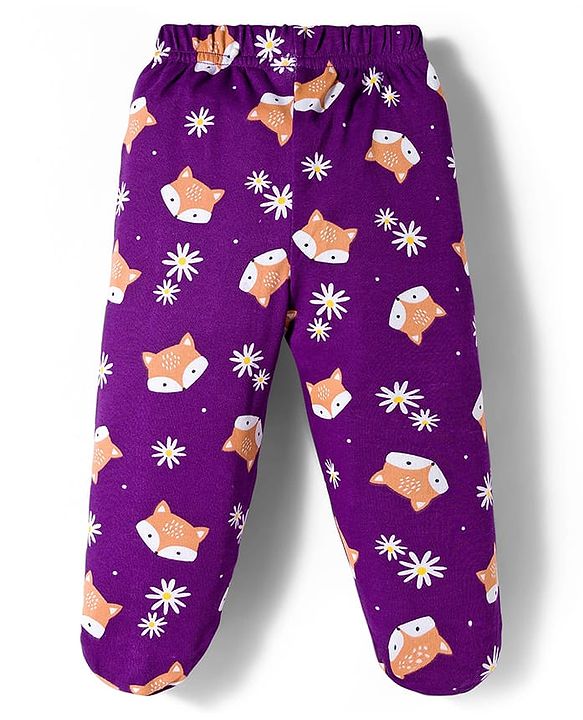 Babyhug Cotton Interlock Knit Bootie Leggings with Polka Dot Floral & Fox Print Pack of 3 - Purple Lilac & Pink