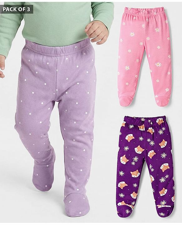 Babyhug Cotton Interlock Knit Bootie Leggings with Polka Dot Floral & Fox Print Pack of 3 - Purple Lilac & Pink