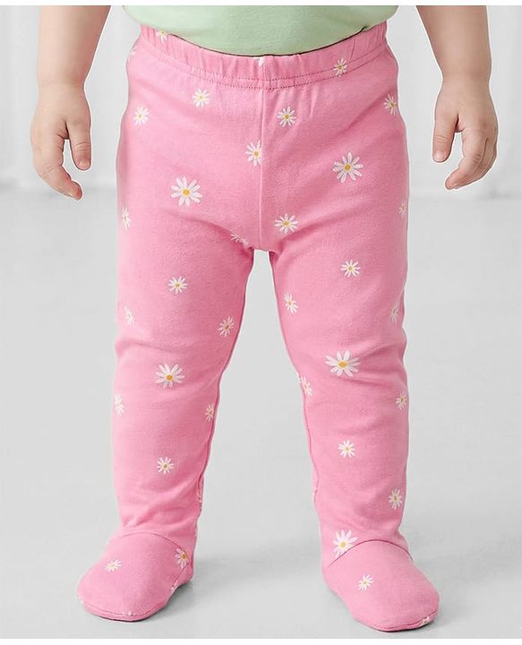 Babyhug Cotton Interlock Knit Bootie Leggings with Polka Dot Floral & Fox Print Pack of 3 - Purple Lilac & Pink