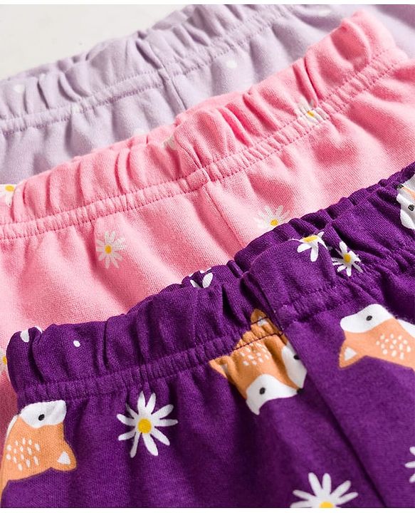 Babyhug Cotton Interlock Knit Bootie Leggings with Polka Dot Floral & Fox Print Pack of 3 - Purple Lilac & Pink