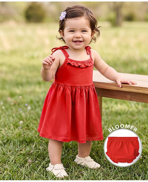 Babyhug Cotton Knit Frock with Ruffled Neck and Tie-Up Shoulder Straps Red 3-6 Months