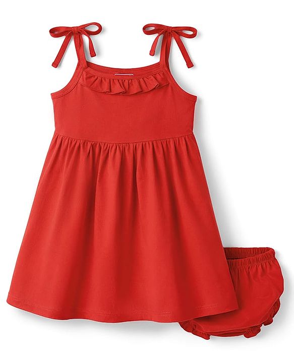 Babyhug Cotton Knit Frock with Ruffled Neck and Tie-Up Shoulder Straps Red 3-6 Months