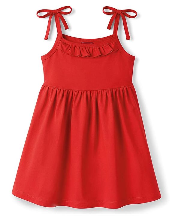 Babyhug Cotton Knit Frock with Ruffled Neck and Tie-Up Shoulder Straps Red 3-6 Months
