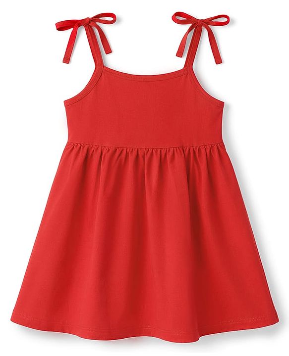 Babyhug Cotton Knit Frock with Ruffled Neck and Tie-Up Shoulder Straps Red 3-6 Months