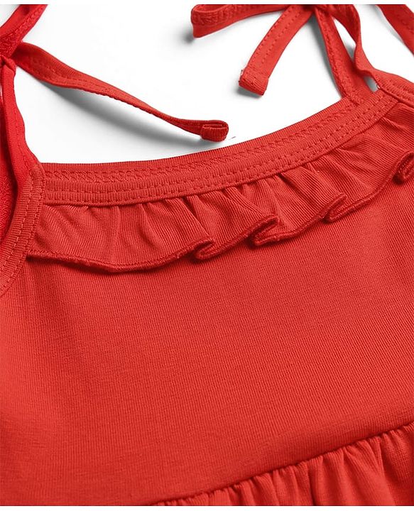 Babyhug Cotton Knit Frock with Ruffled Neck and Tie-Up Shoulder Straps Red 3-6 Months