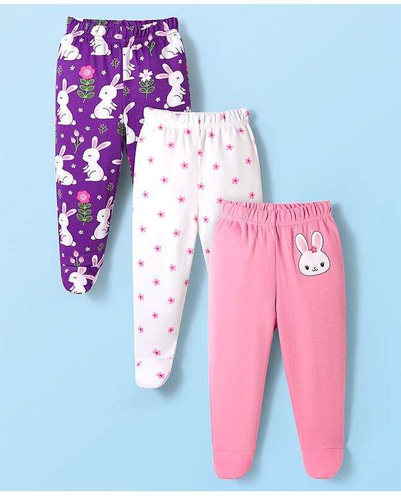 Babyhug Cotton Interlock Knit Bootie Leggings with Floral & Rabbit Print Pack of 3 - Purple White & Pink