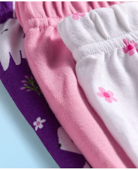 Babyhug Cotton Interlock Knit Bootie Leggings with Floral & Rabbit Print Pack of 3 - Purple White & Pink