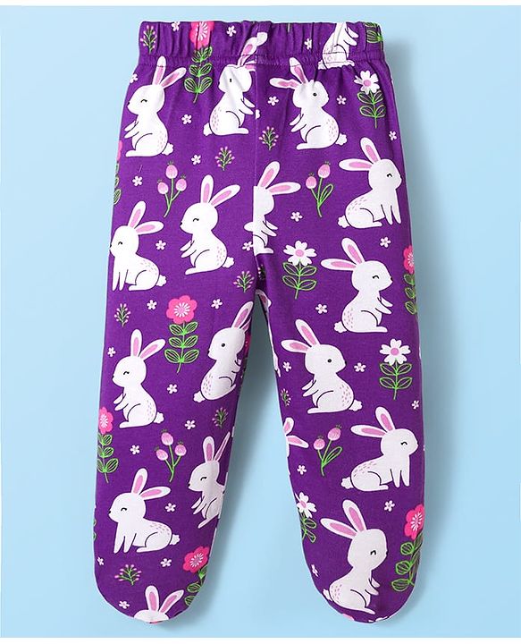 Babyhug Cotton Interlock Knit Bootie Leggings with Floral & Rabbit Print Pack of 3 - Purple White & Pink