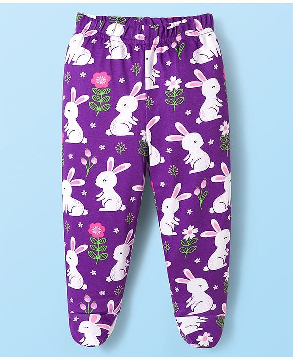 Babyhug Cotton Interlock Knit Bootie Leggings with Floral & Rabbit Print Pack of 3 - Purple White & Pink