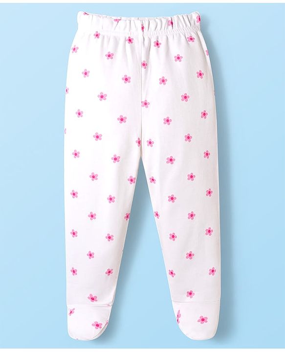 Babyhug Cotton Interlock Knit Bootie Leggings with Floral & Rabbit Print Pack of 3 - Purple White & Pink