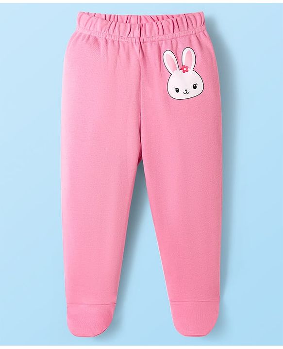 Babyhug Cotton Interlock Knit Bootie Leggings with Floral & Rabbit Print Pack of 3 - Purple White & Pink