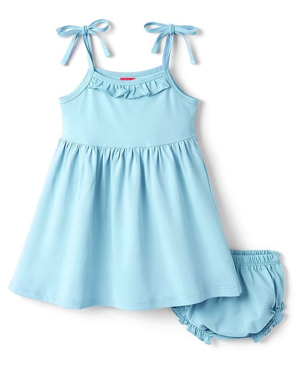 Babyhug Cotton Knit Frocks with Bloomers/Shorts Ruffled Neck Blue 0-3 Months
