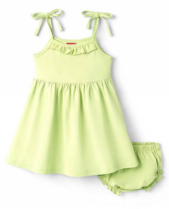 Babyhug Single Jersey Knit Sleeveless Tie-Knot Frock & Bloomer - Green