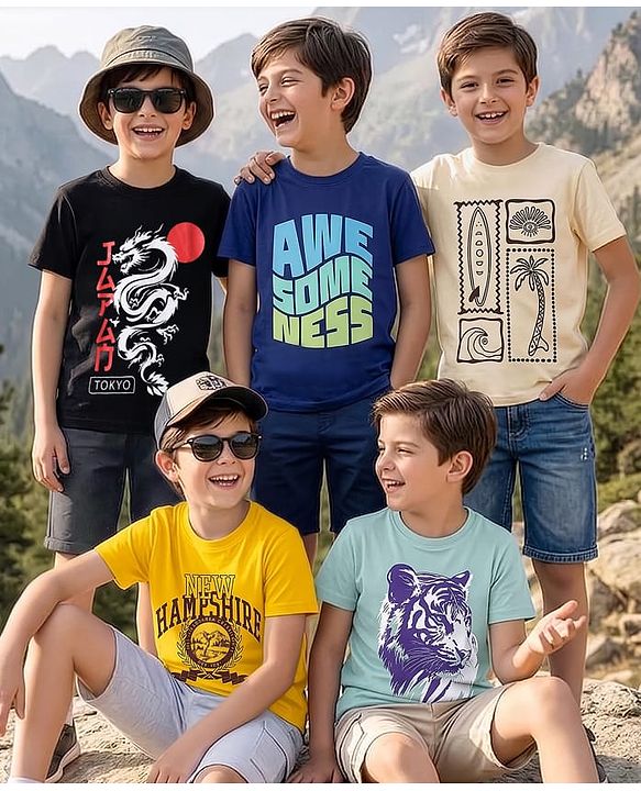 Pine Kids Cotton Knit T-Shirts Graphic Print Round Neck Half Sleeves Multi Colors 5-6 Years Pack of 5