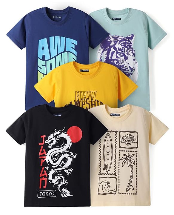 Pine Kids Cotton Knit T-Shirts Graphic Print Round Neck Half Sleeves Multi Colors 5-6 Years Pack of 5