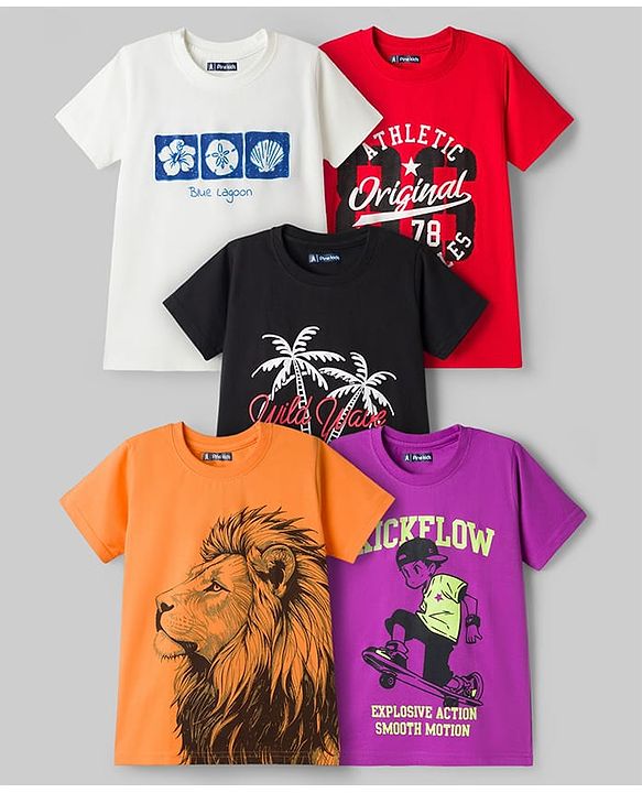 Pine Kids Cotton Knit T-Shirts Half Sleeves Round Neck Graphic Print Multi Colors 5-6 Years
