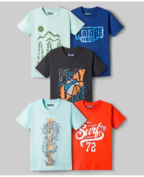 Pine Kids Cotton Knit T-Shirts Graphic Print Multi Colors Pack Of 5 4-5 Years