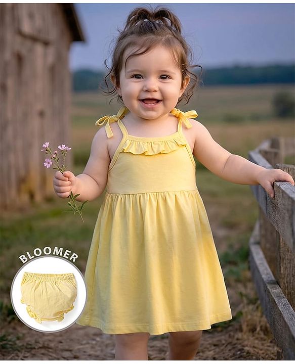 Babyhug Single Jersey Knit Sleeveless Solid Frock With Bloomer - Yellow