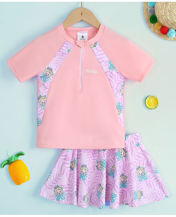 Pine Kids Half Raglan Sleeves Printed Two Piece Swimsuit - Pink