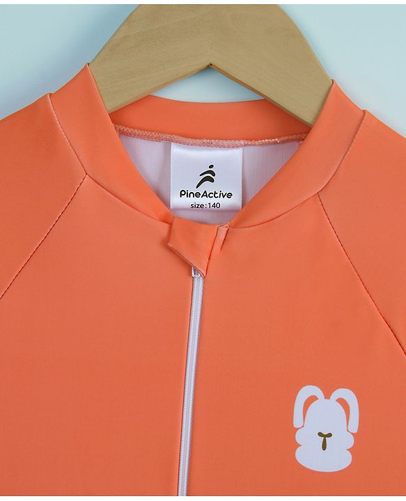 Pine Active Full Raglan Sleeves Legged Swimsuit With Bunny Print - Orange