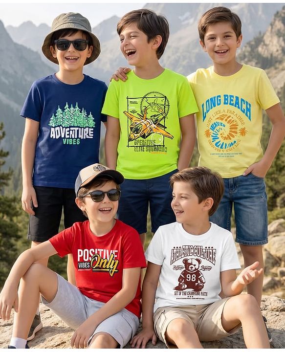 Pine Kids Cotton Knit T-Shirts Half Sleeves Graphic Print Multi Colors 5-6 Years