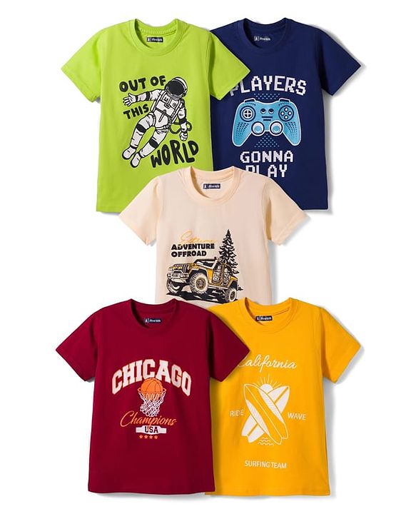 Pine Kids Cotton Knit Half Sleeves Printed T-Shirt Pack of 5 - Multicolor