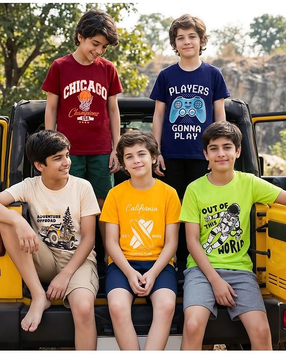 Pine Kids Cotton Knit Half Sleeves Printed T-Shirt Pack of 5 - Multicolor