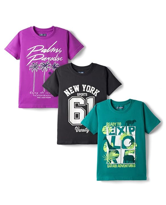 Pine Kids Cotton Knit Half Sleeves T-Shirts with Text Graphic Pack of 3 - Multicolor