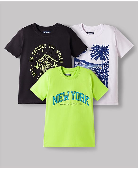 Pine Kids Cotton Knit Half Sleeves T-Shirts With Text & Beach Print Pack of 3 - Multicolor