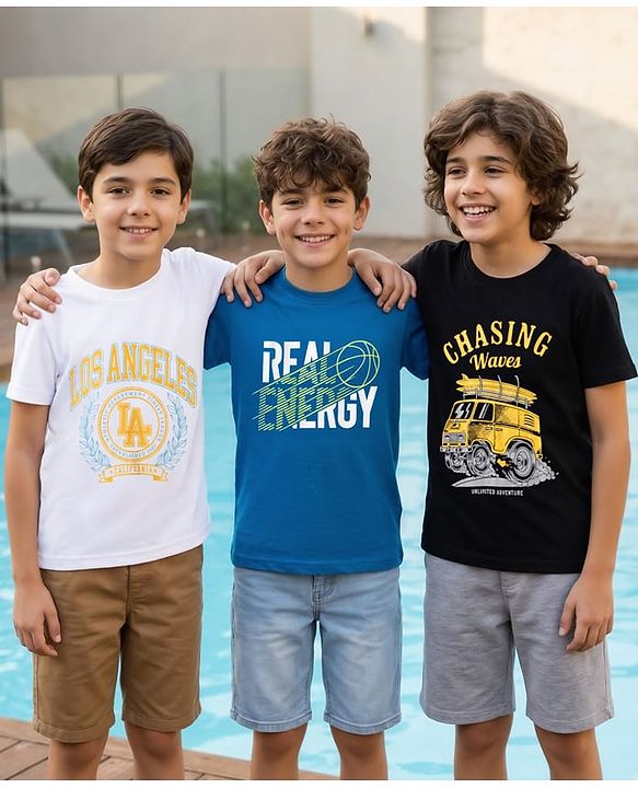 Pine Kids Cotton Knit Half Sleeves T-Shirts with Text Print Pack of 3 - Multicolor
