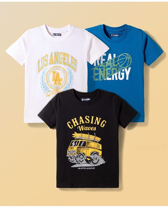 Pine Kids Cotton Knit Half Sleeves T-Shirts with Text Print Pack of 3 - Multicolor