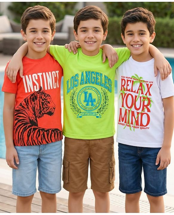 Pine Kids Cotton Knit Half Sleeves T-Shirts with Text Print Pack of 3 - Multicolor