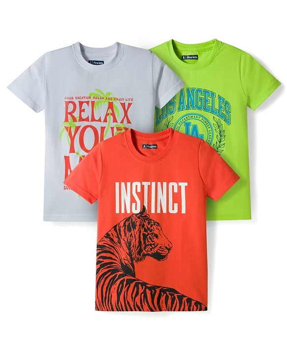 Pine Kids Cotton Knit Half Sleeves T-Shirts with Text Print Pack of 3 - Multicolor
