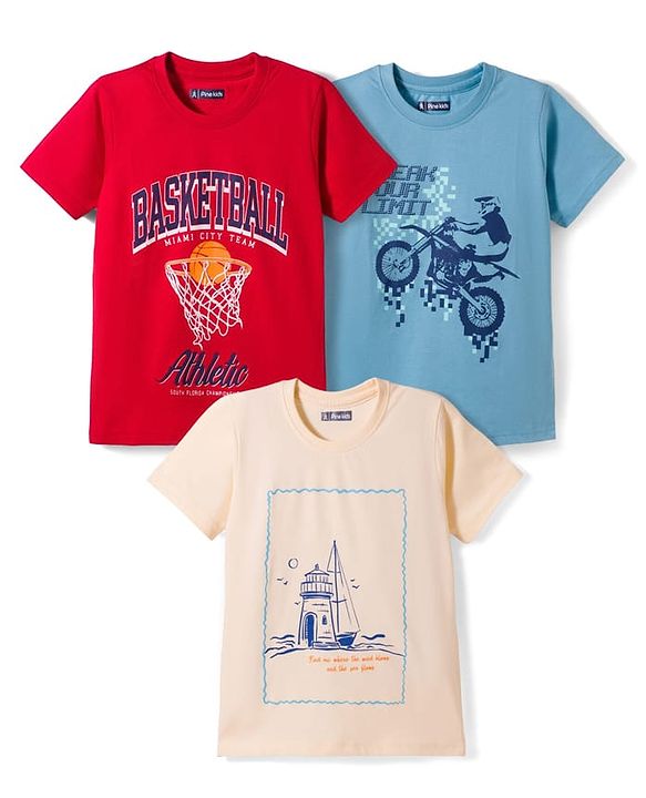 Pine Kids Cotton Knit Half Sleeves T-Shirts with Sport Print Pack of 3 - Multicolor
