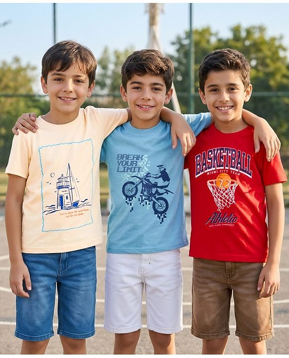 Pine Kids Cotton Knit Half Sleeves T-Shirts with Sport Print Pack of 3 - Multicolor