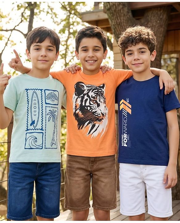 Pine Kids Cotton Knit Half Sleeves T-Shirts with Tiger & Tree Print Pack of 3 - Multicolour
