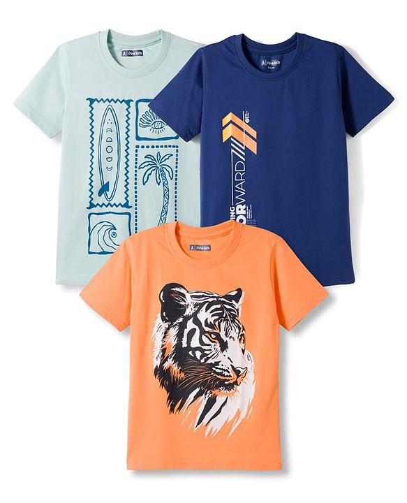 Pine Kids Cotton Knit Half Sleeves T-Shirts with Tiger & Tree Print Pack of 3 - Multicolour