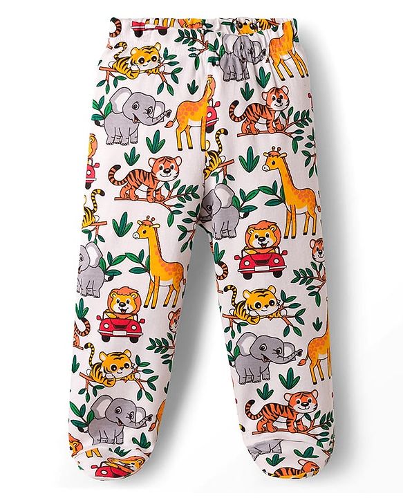 Babyhug Interlock Cotton Knit Full Length Jungle Theme Printed Bootie Leggings Pack Of 3 - Multicolour
