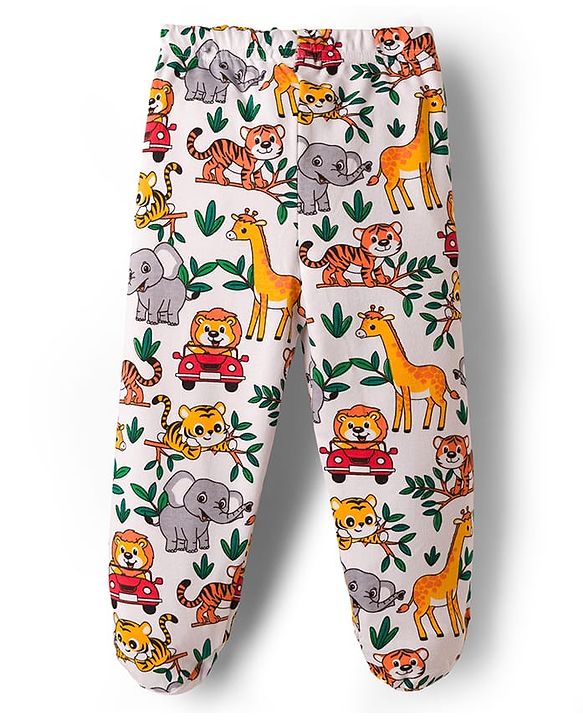 Babyhug Interlock Cotton Knit Full Length Jungle Theme Printed Bootie Leggings Pack Of 3 - Multicolour