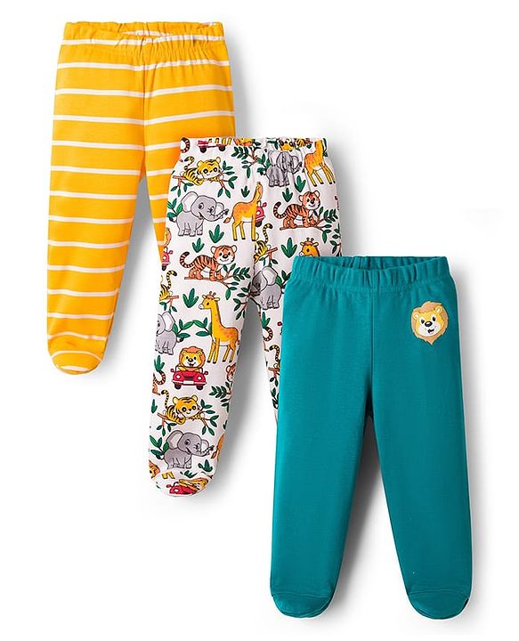 Babyhug Interlock Cotton Knit Full Length Jungle Theme Printed Bootie Leggings Pack Of 3 - Multicolour