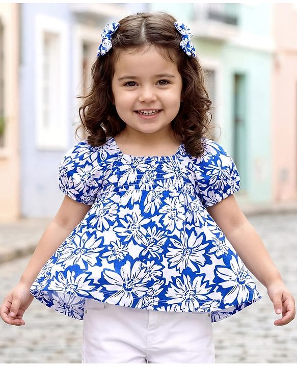 Babyhug Cotton Knit Half Sleeves Top With Floral Print - Blue