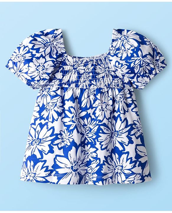 Babyhug Cotton Knit Half Sleeves Top With Floral Print - Blue