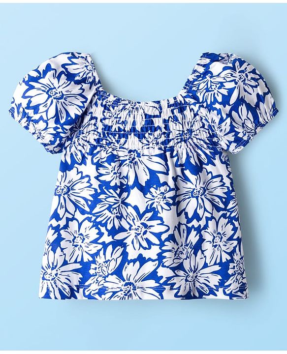 Babyhug Cotton Knit Half Sleeves Top With Floral Print - Blue