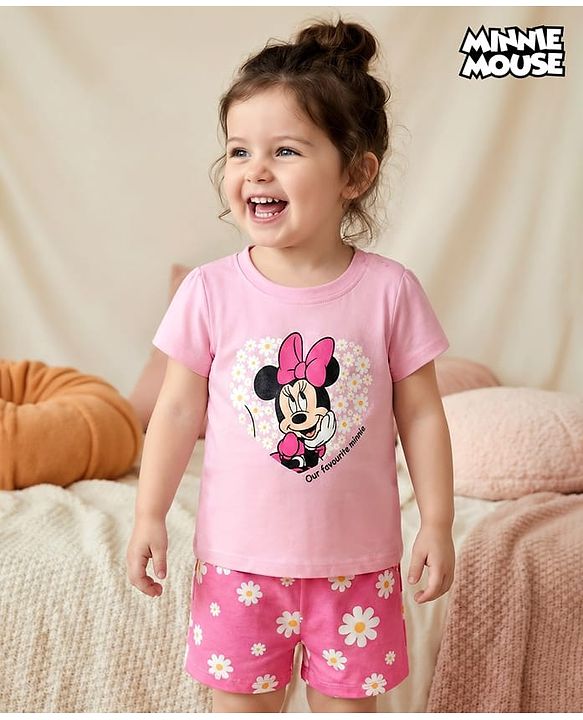 Babyhug Disney Single Jersey Knit Half Sleeves T-Shirt & Shorts Night Suit With Minnie Mouse Print - Pink