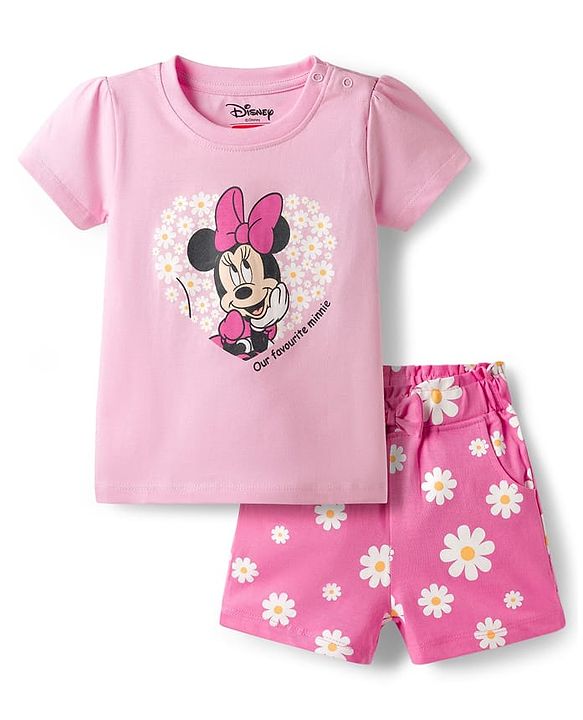 Babyhug Disney Single Jersey Knit Half Sleeves T-Shirt & Shorts Night Suit With Minnie Mouse Print - Pink