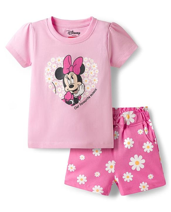 Babyhug Disney Single Jersey Knit Half Sleeves T-Shirt & Shorts Night Suit With Minnie Mouse Print - Pink